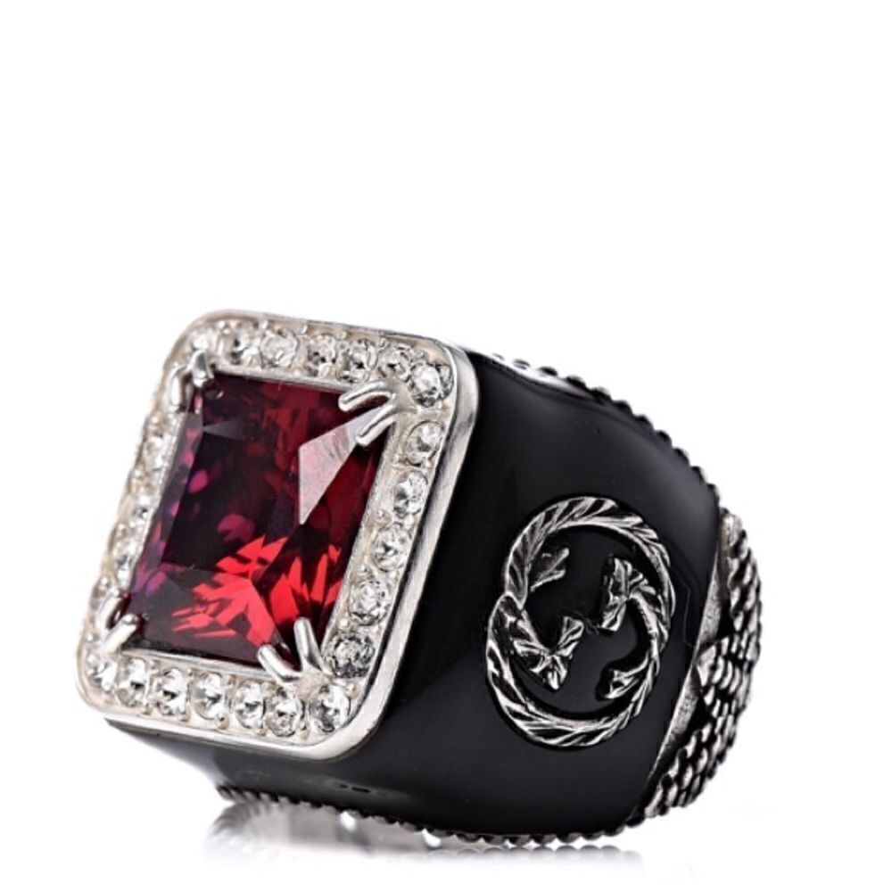 GUCCI Sterling Silver Red Crystal Stone Signet Ring Size: 6